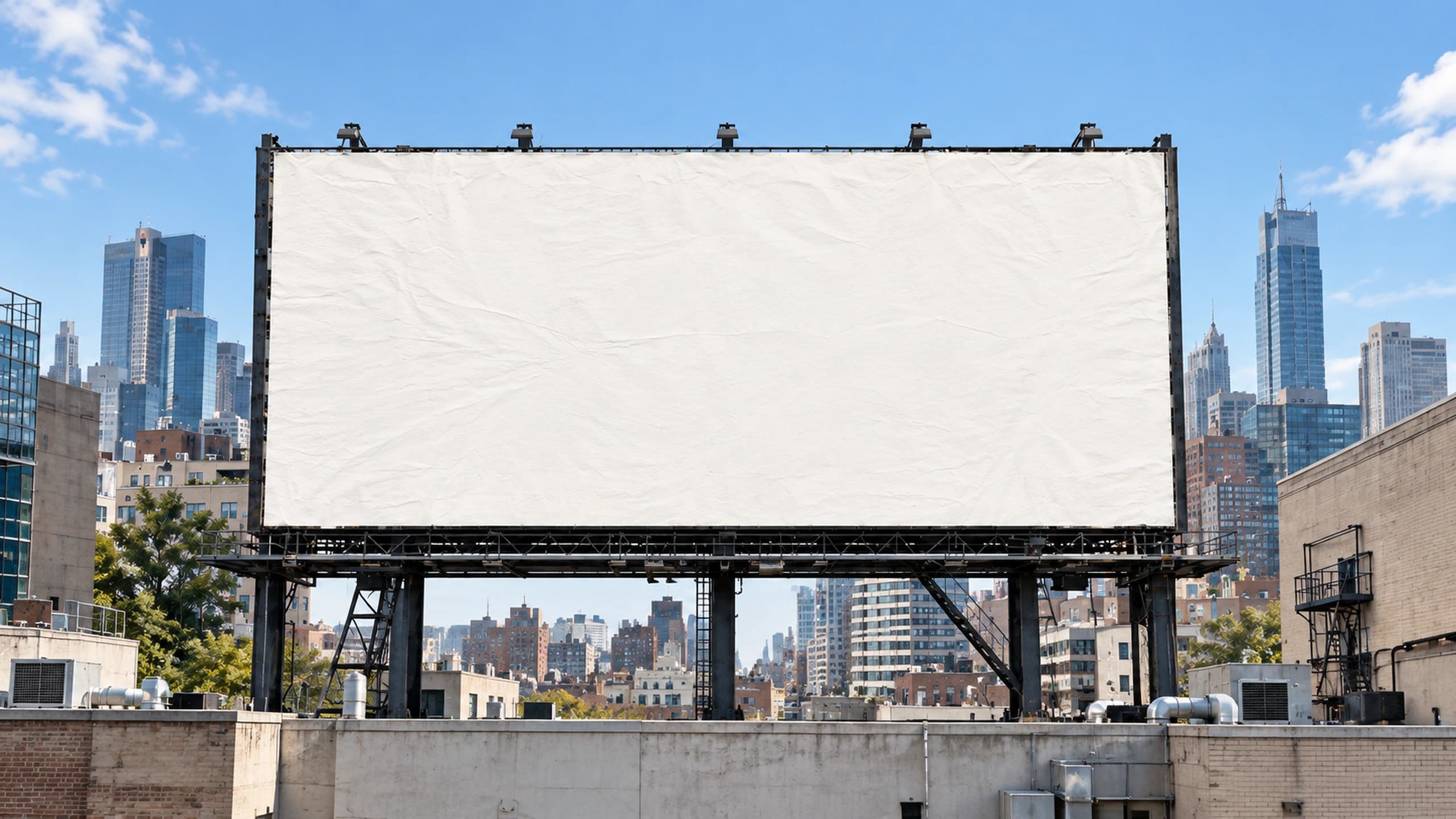 A blank rooftop billboard overlooking a city skyline