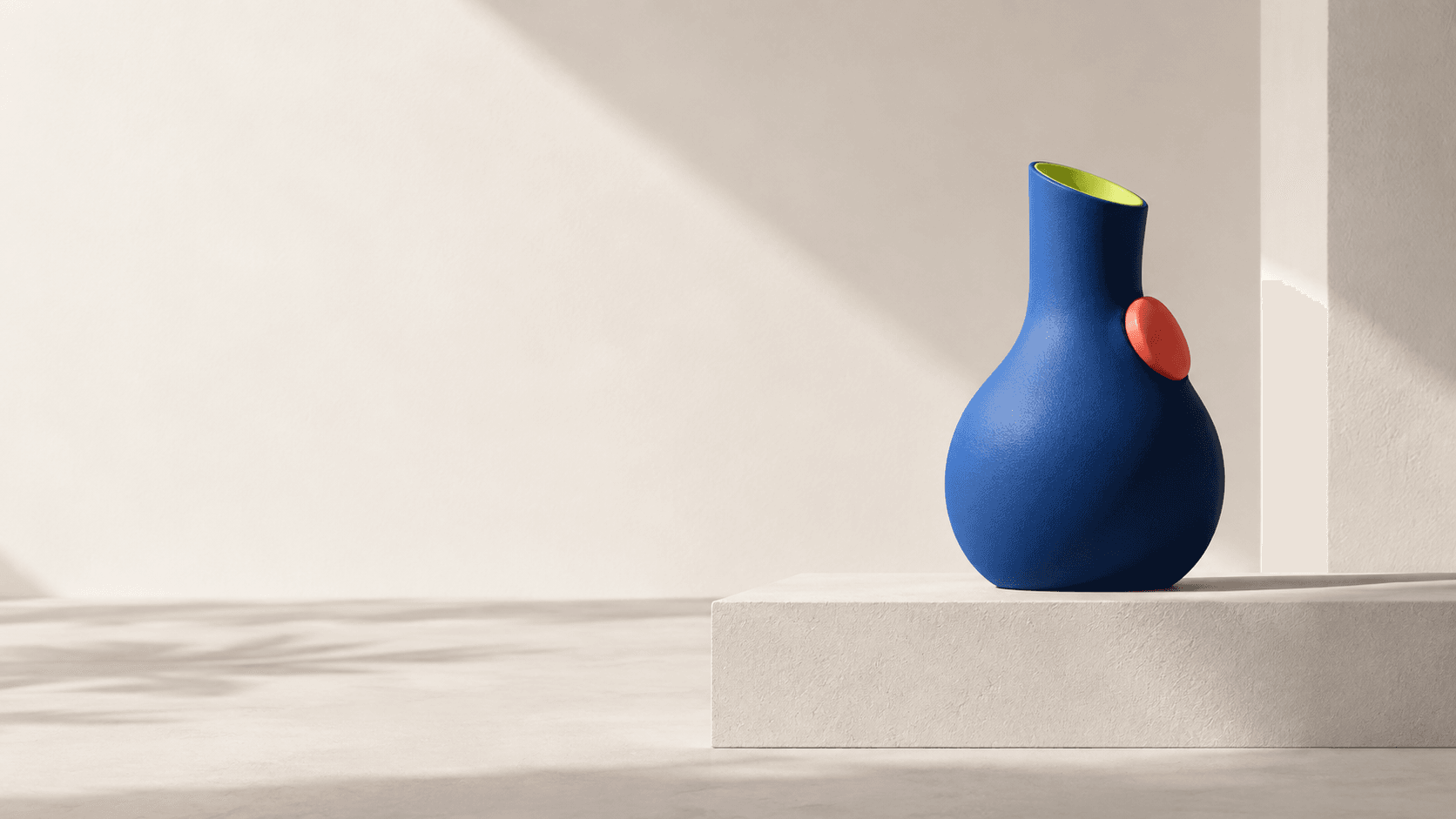 A cobalt product form on a sunlit gallery plinth